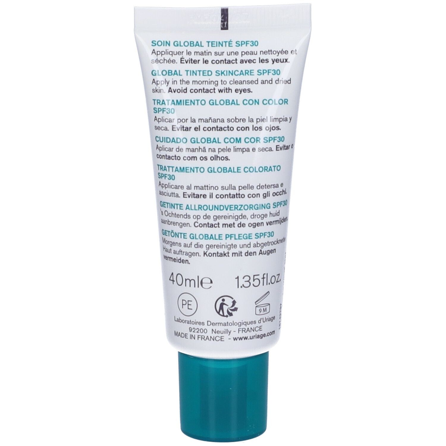 Confezione Uriage Hyseac 3-Regul SPF30. Testo: AHA + acido salicilico, trattamento colorato, 40ml, 1.35fl.oz. Sfondo bianco.