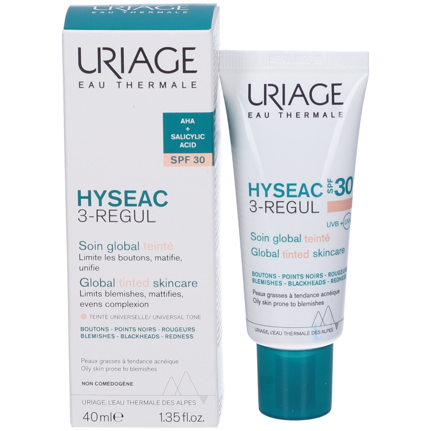 Confezione Uriage Hyseac 3-Regul SPF30. Testo sul retro. Multilingue. Codice QR. Testato dermatologicamente.