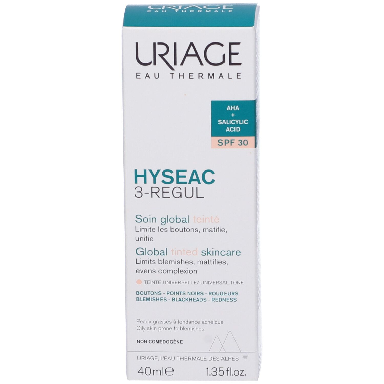 Confezione Uriage Hyseac 3-Regul SPF30. Testo sul retro. Multilingue. Istruzioni per l'uso. Non comedogeno.