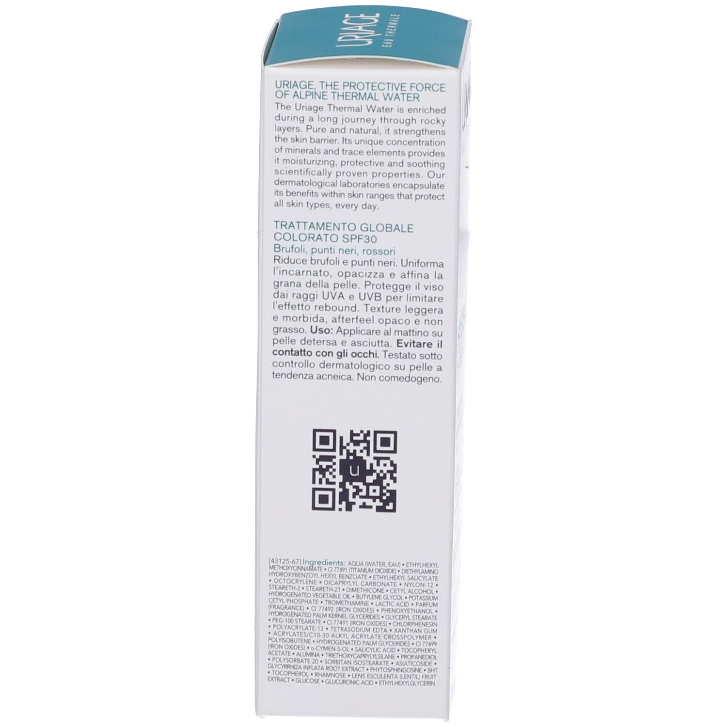 Confezione Uriage Hyseac 3-Regul SPF30. Testo sul retro. Multilingue. Riduce le imperfezioni, la lucentezza.