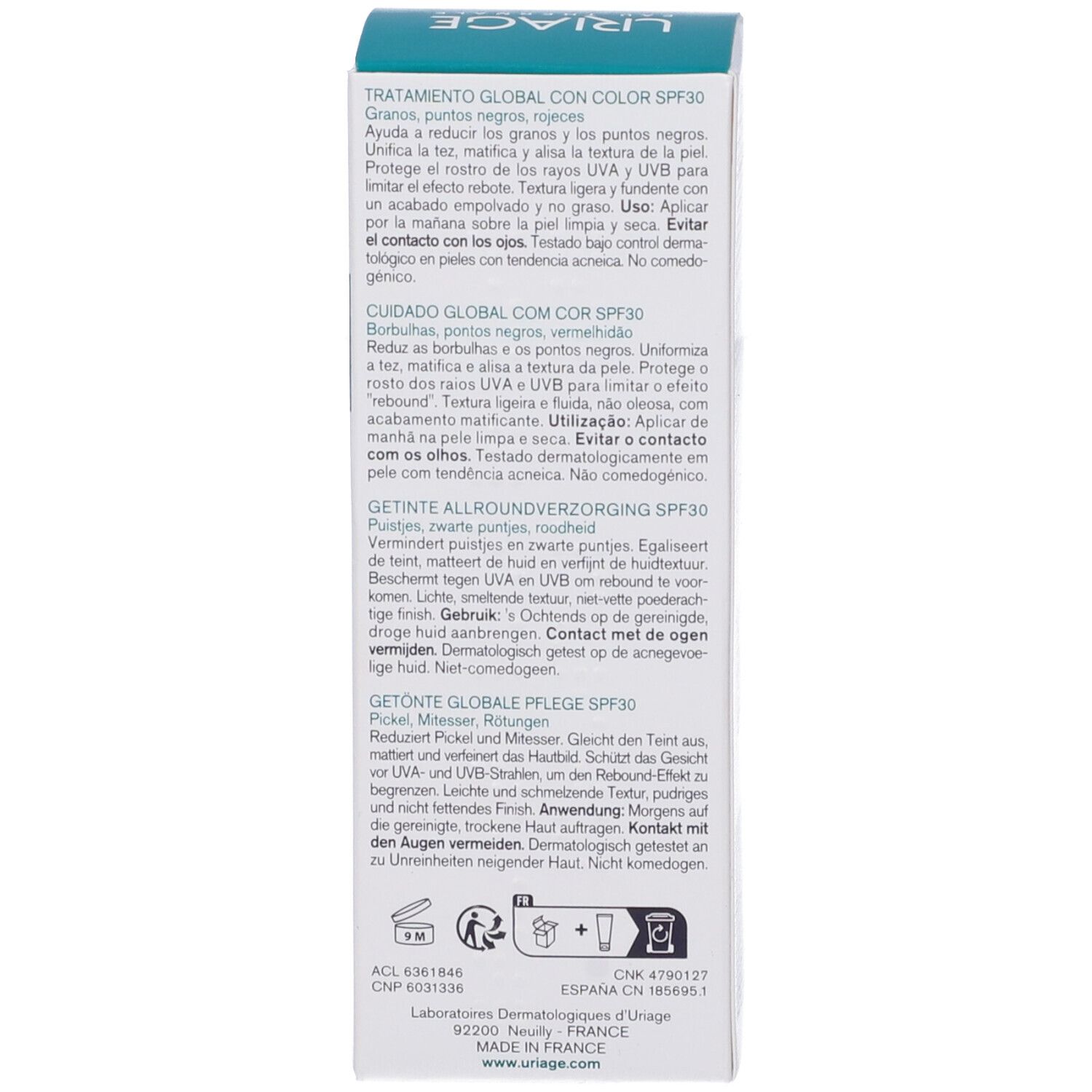 Confezione Uriage Hyseac 3-Regul SPF30. Testo sul retro. Multilingue. Non comedogeno. Testato dermatologicamente.