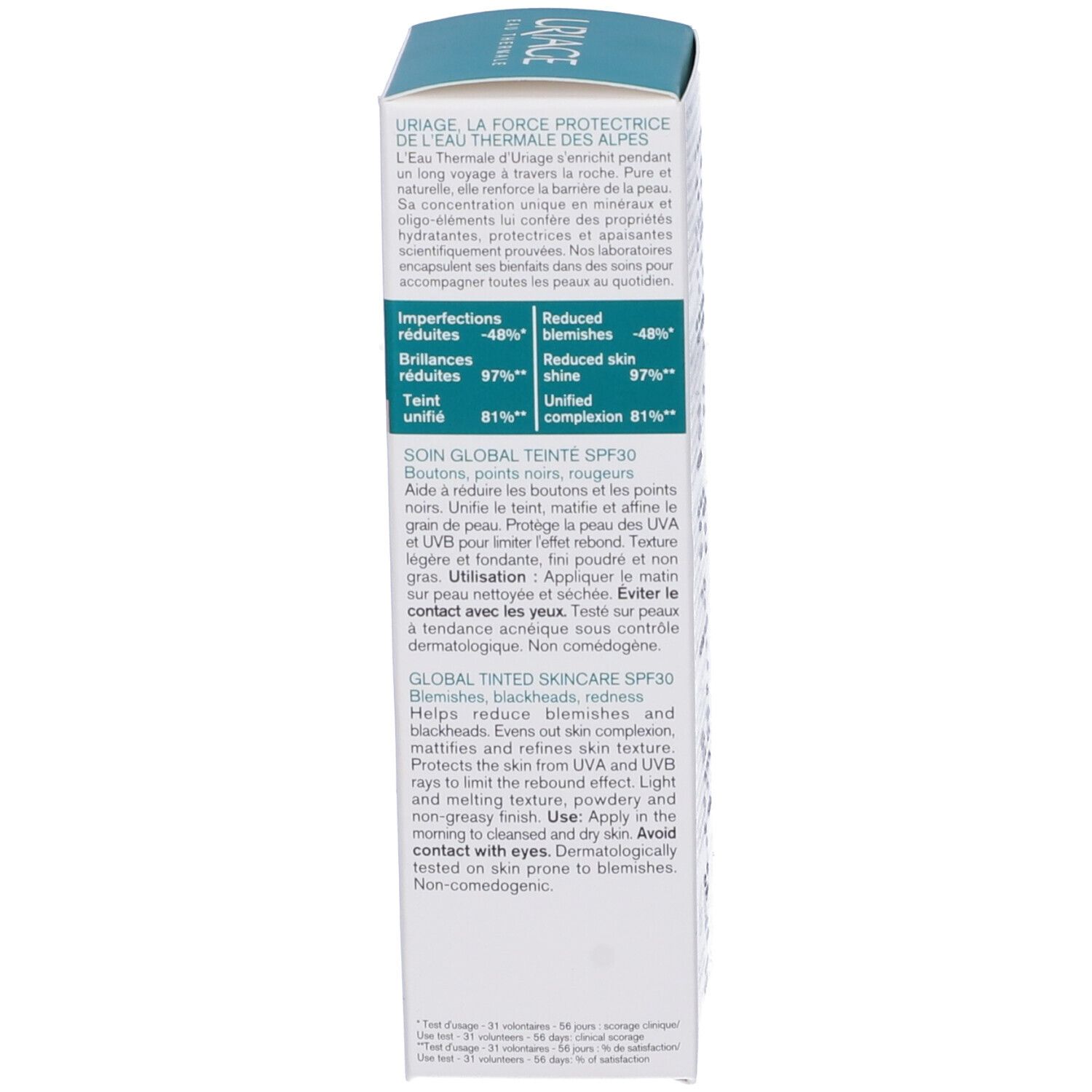 Confezione Uriage Hyseac 3-Regul SPF30. Testo sul retro. Multilingue. Non comedogeno. Testato dermatologicamente.