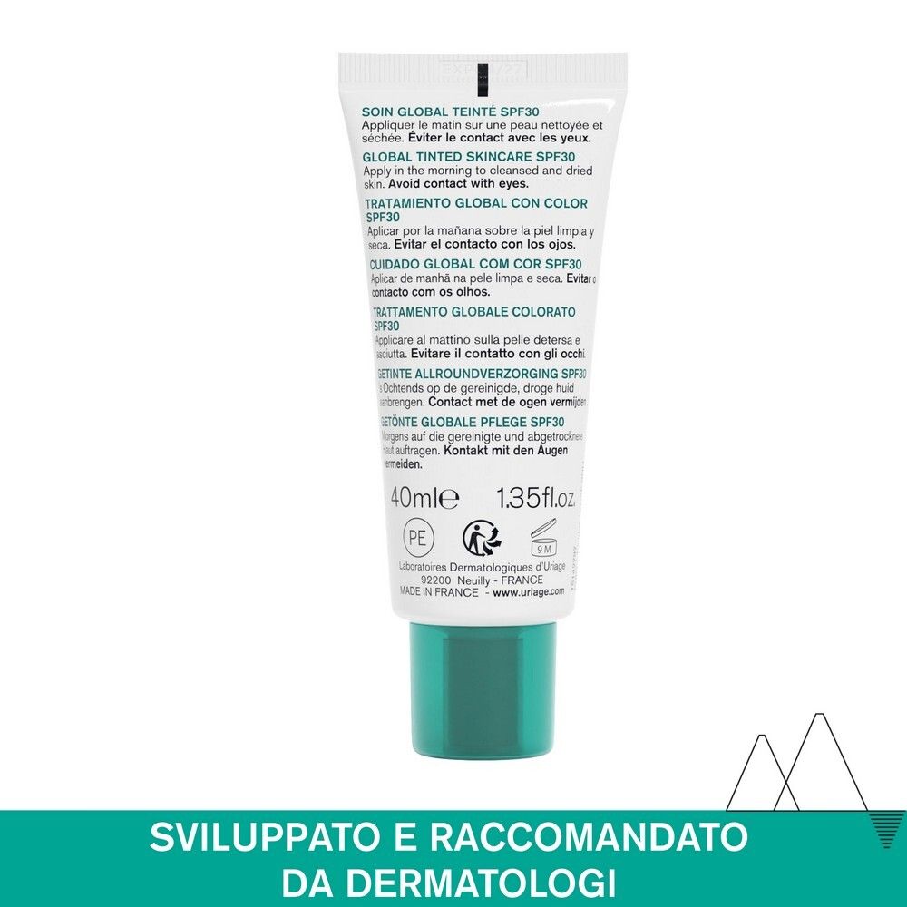 Retro del tubo Uriage Hyseac 3-Regul SPF30. Testo multilingue. 40ml, 1.35fl.oz. Prodotto in Francia.
