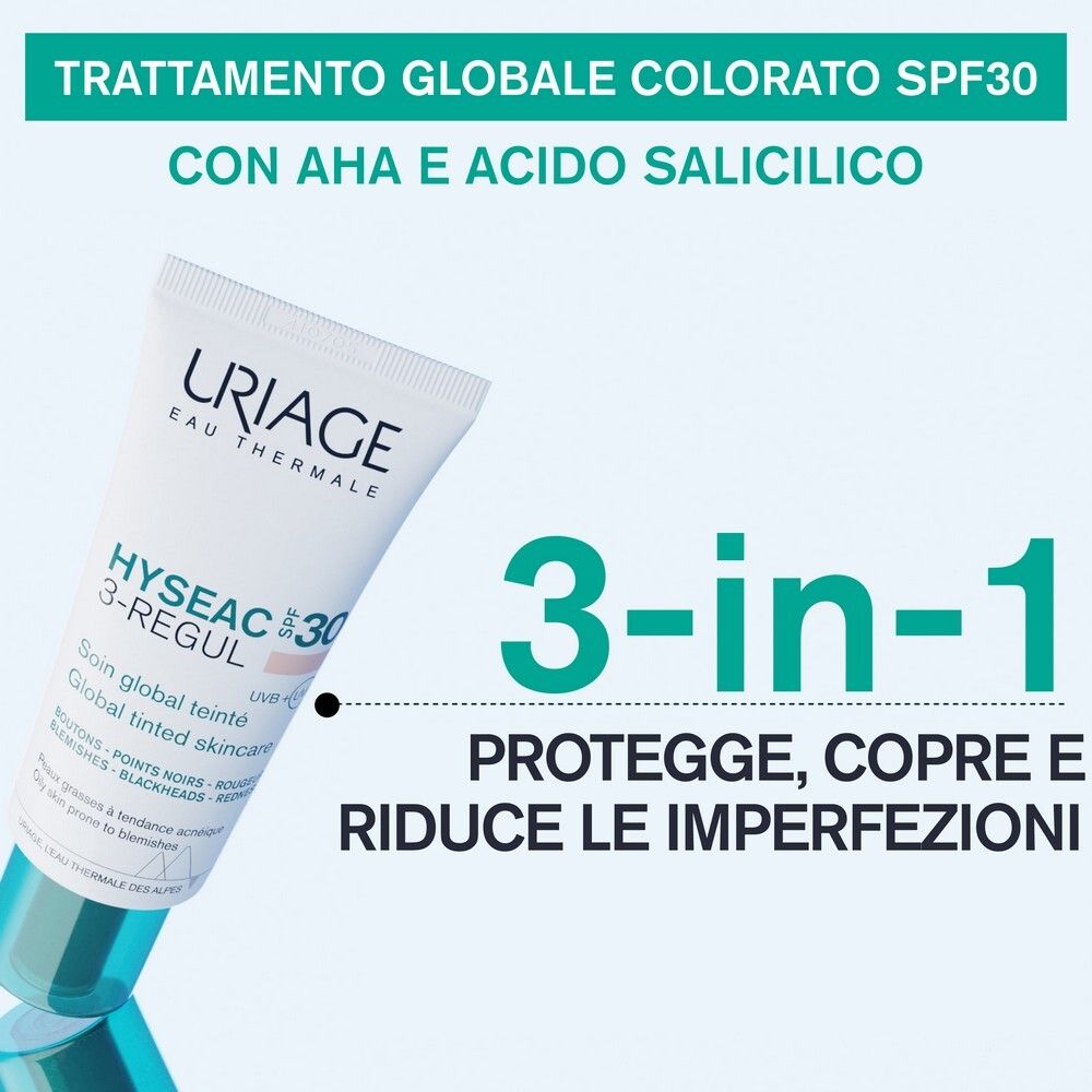 Tubo Uriage Hyseac 3-Regul SPF30. Testo: 3-in-1, protegge, copre e riduce le imperfezioni. Con AHA e acido salicilico.