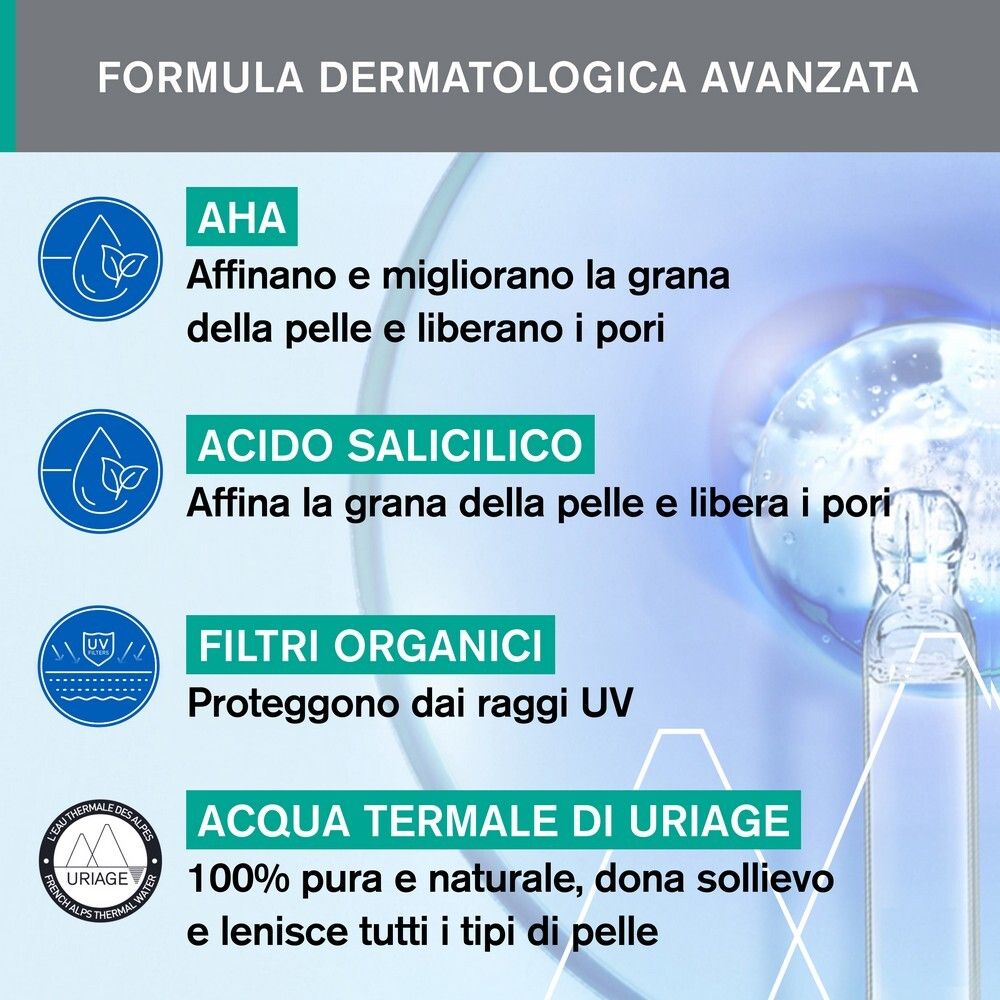 Infografica con ingredienti: AHA, acido salicilico, filtri organici, acqua termale Uriage. Per tutti i tipi di pelle.