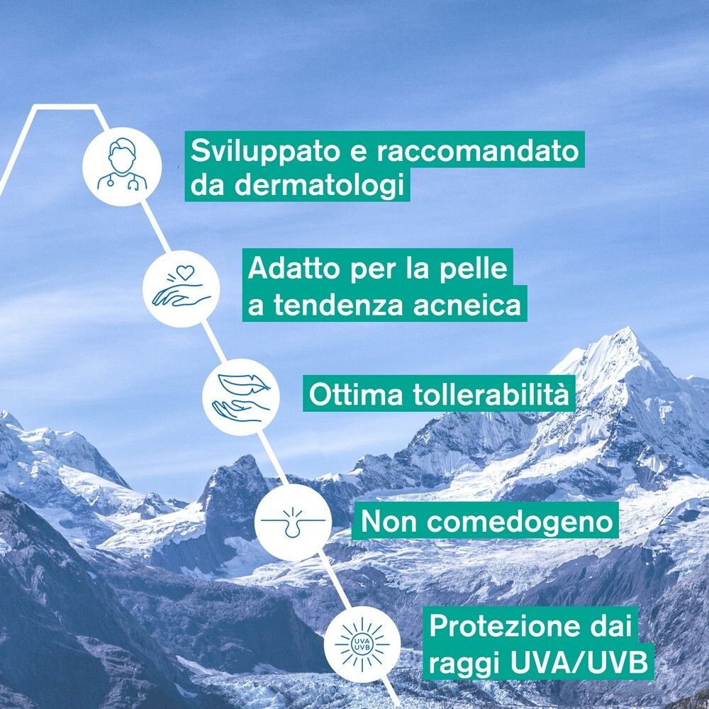 Infografica: Raccomandato dai dermatologi, adatto alla pelle acneica, ottima tollerabilità, non comedogeno, protezione UVA/UVB.