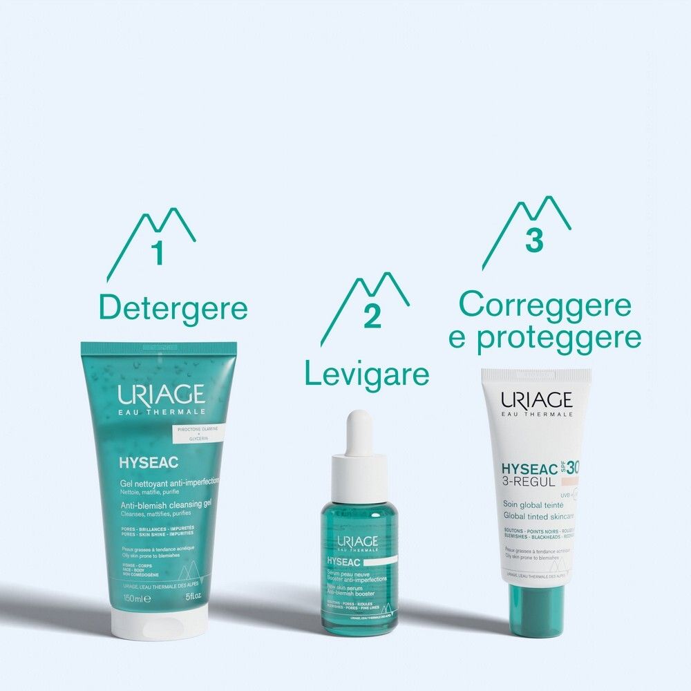 Tre prodotti Uriage Hyseac: gel detergente, siero, trattamento colorato. Per i passaggi 1, 2 e 3 della cura della pelle.
