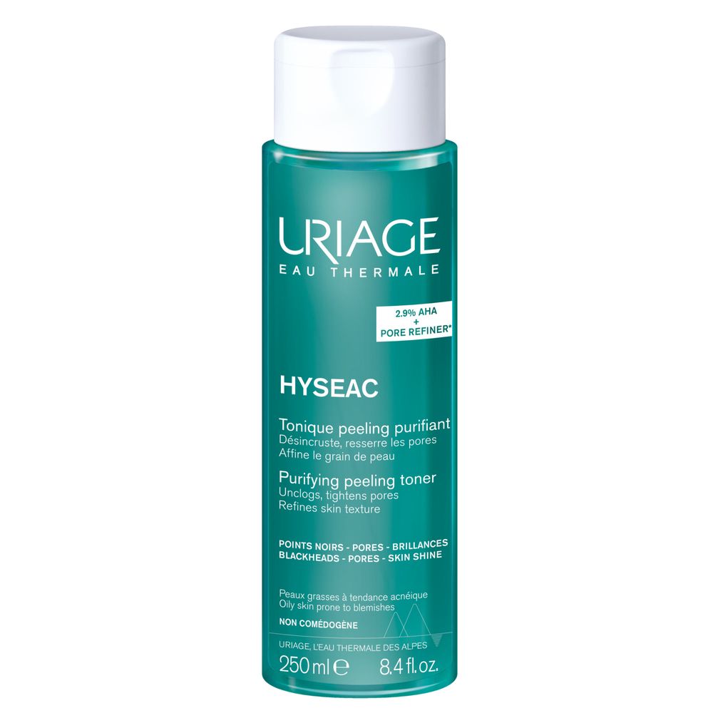 Flacone Uriage Hyseac. Verde, tappo bianco. Scritte: Uriage, Hyseac, 2.9% AHA, Pore Refiner. 250ml.