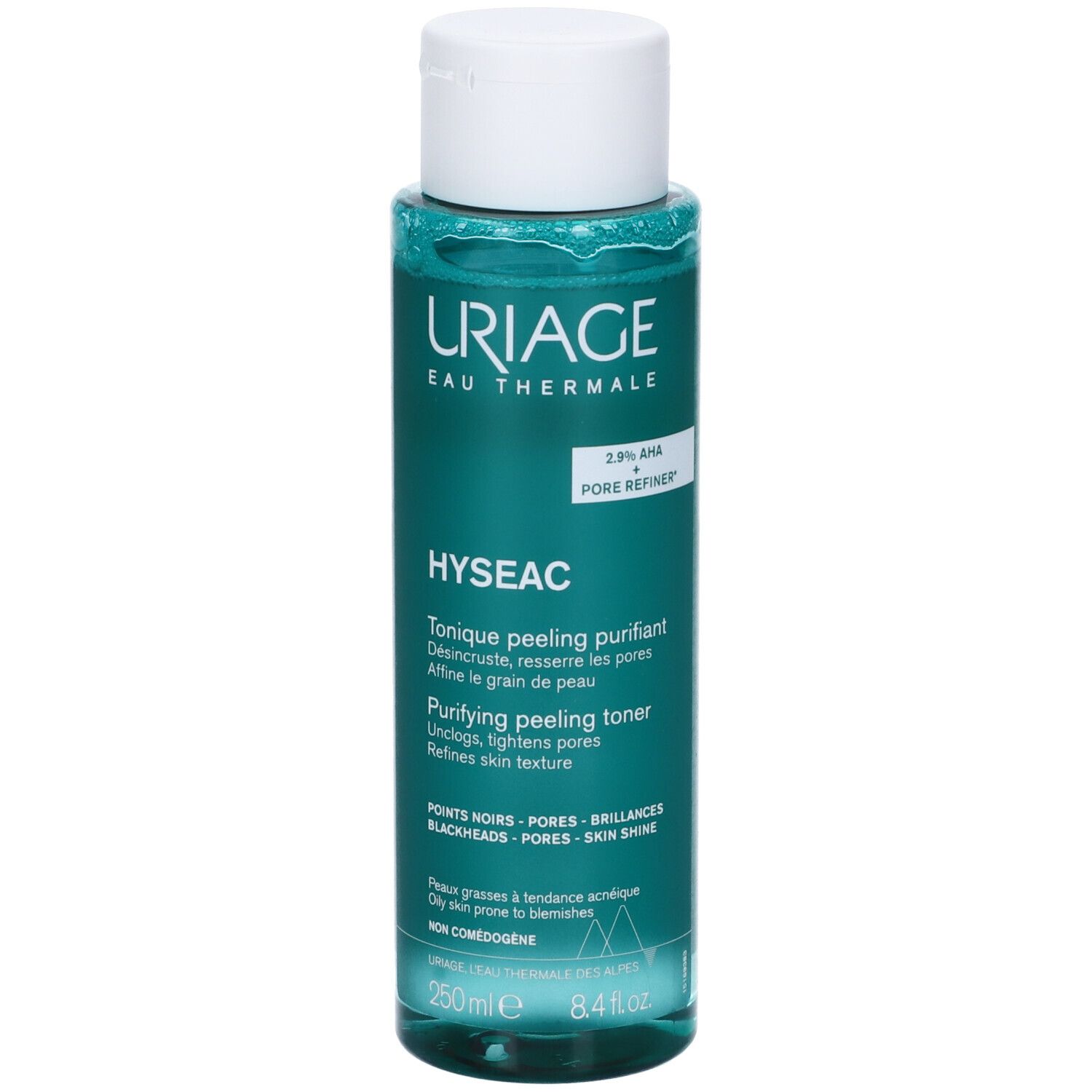 Flacone Uriage Hyseac. Verde, tappo bianco. Scritte: Uriage, Hyseac, 2.9% AHA, Pore Refiner. 250ml.