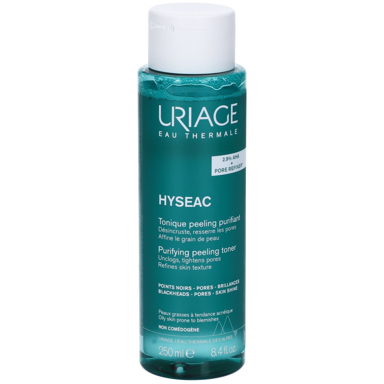 Flacone Uriage Hyseac. Verde, tappo bianco. Scritte: Uriage, Hyseac, 2.9% AHA, Pore Refiner. 250ml.