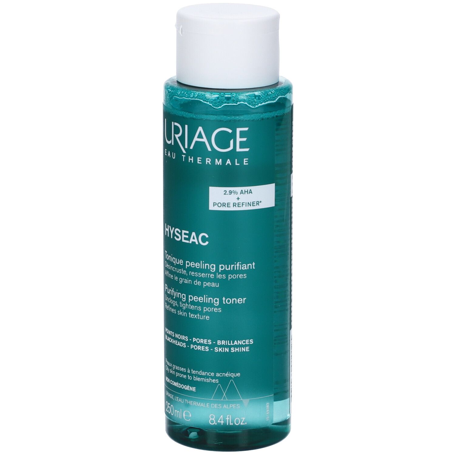 Flacone Uriage Hyseac. Verde, tappo bianco. Scritte: Uriage, Hyseac, 2.9% AHA, Pore Refiner. 250ml.