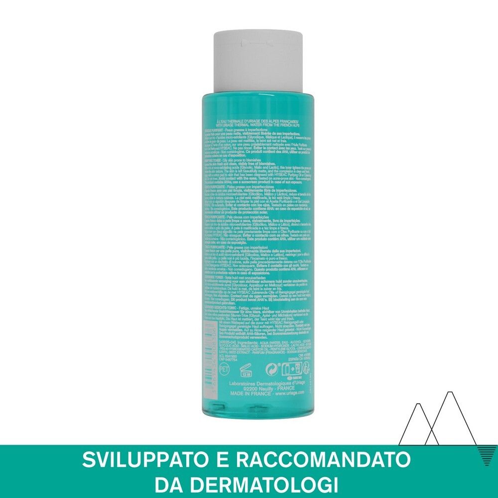 Retro flacone Uriage Hyseac. Testo multilingue. Made in France. Testato dermatologicamente.