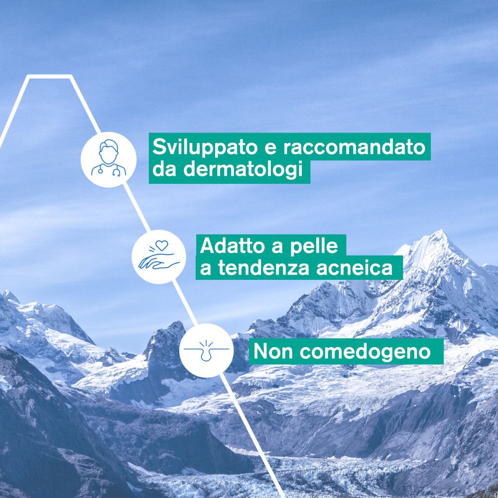 Grafico con testo. Sviluppato e raccomandato da dermatologi. Adatto a pelli a tendenza acneica. Non comedogeno.