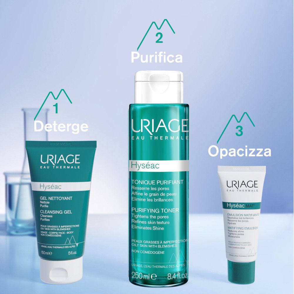Tre prodotti Uriage. Gel, tonico, crema. Testo: Deterge, purifica, opacizza. Uriage Hyseac.