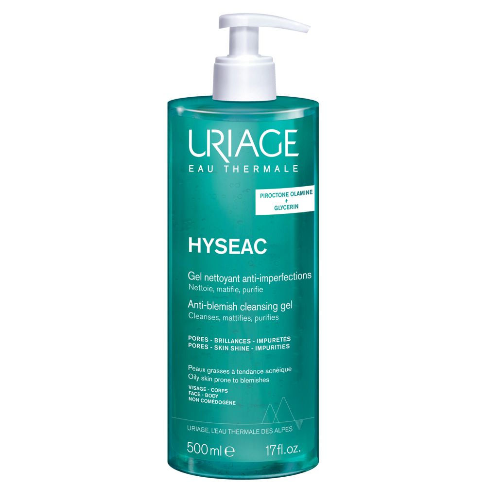 Uriage Hyseac Gel. Flacone verde con dosatore. Testo: Hyséac, Gel nettoyant anti-imperfections. 500ml.