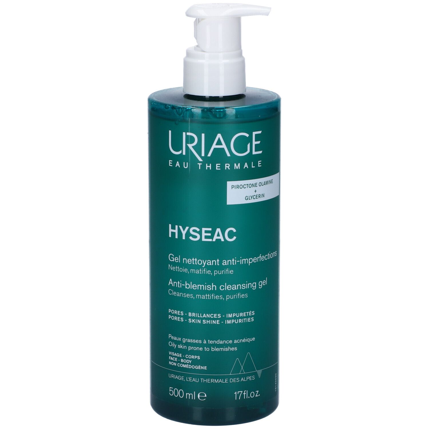 Uriage Hyseac Gel. Flacone verde con dosatore. Testo: Hyséac, Gel nettoyant anti-imperfections. 500ml.