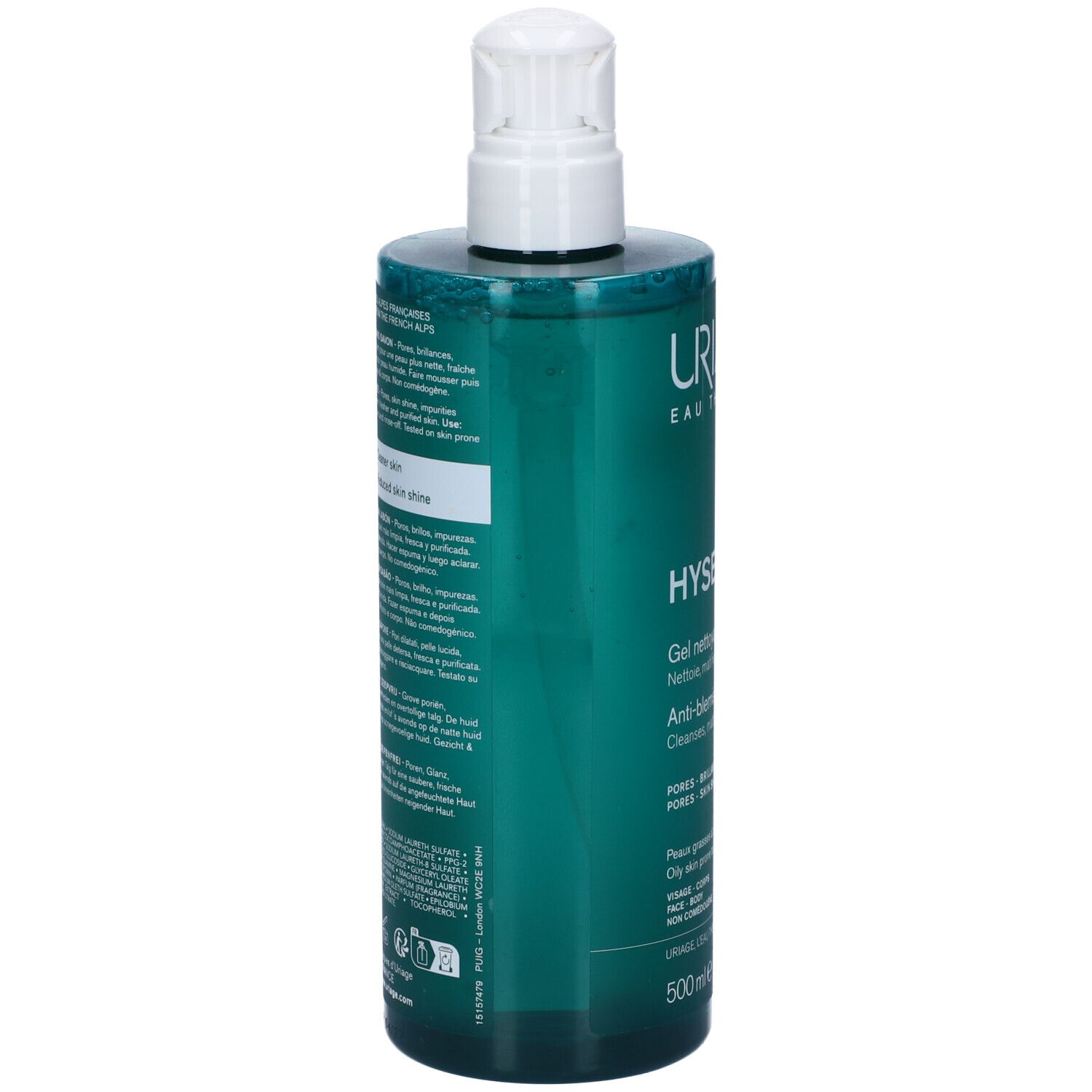 Retro del flacone Uriage Hyseac Gel. Testo multilingue.