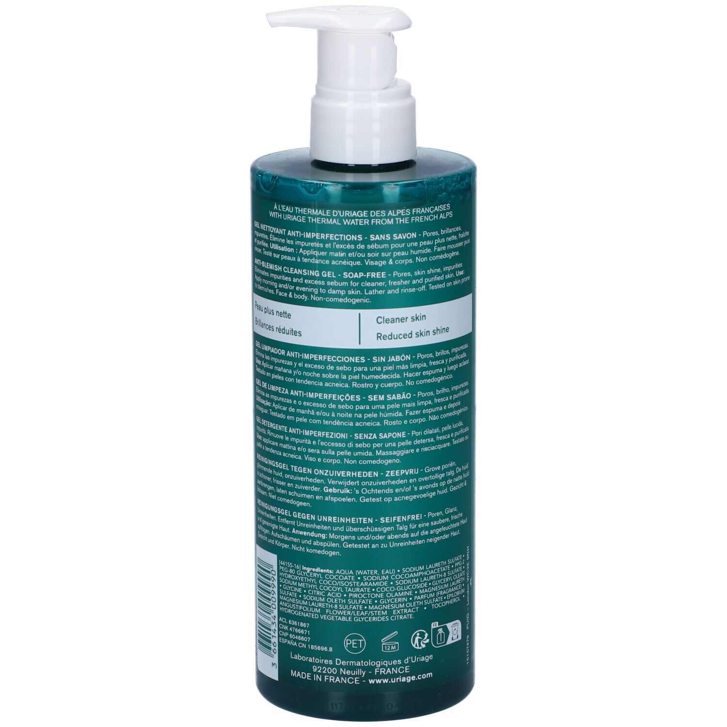 Retro del flacone Uriage Hyseac Gel. Testo multilingue.
