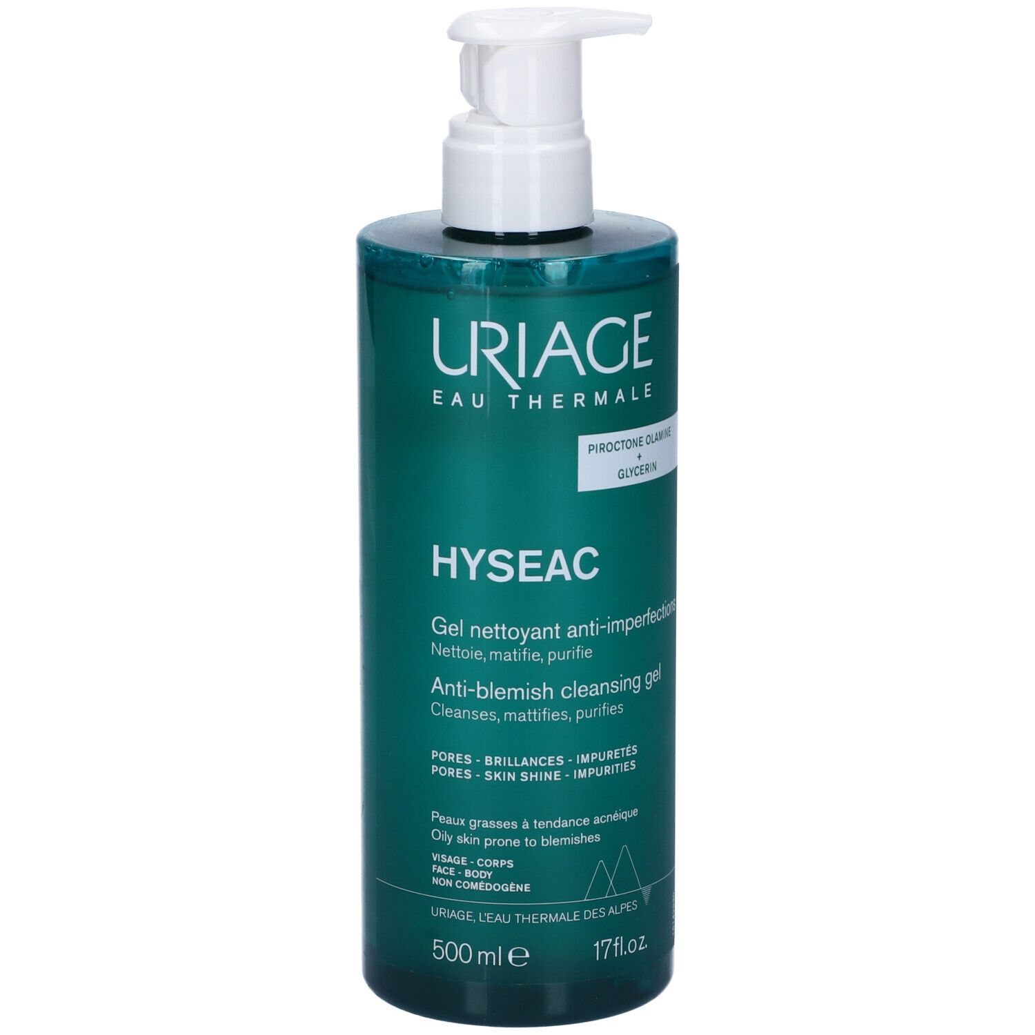 Uriage Hyseac Gel. Flacone verde con dosatore. Testo: Hyséac, Gel nettoyant anti-imperfections. 500ml.