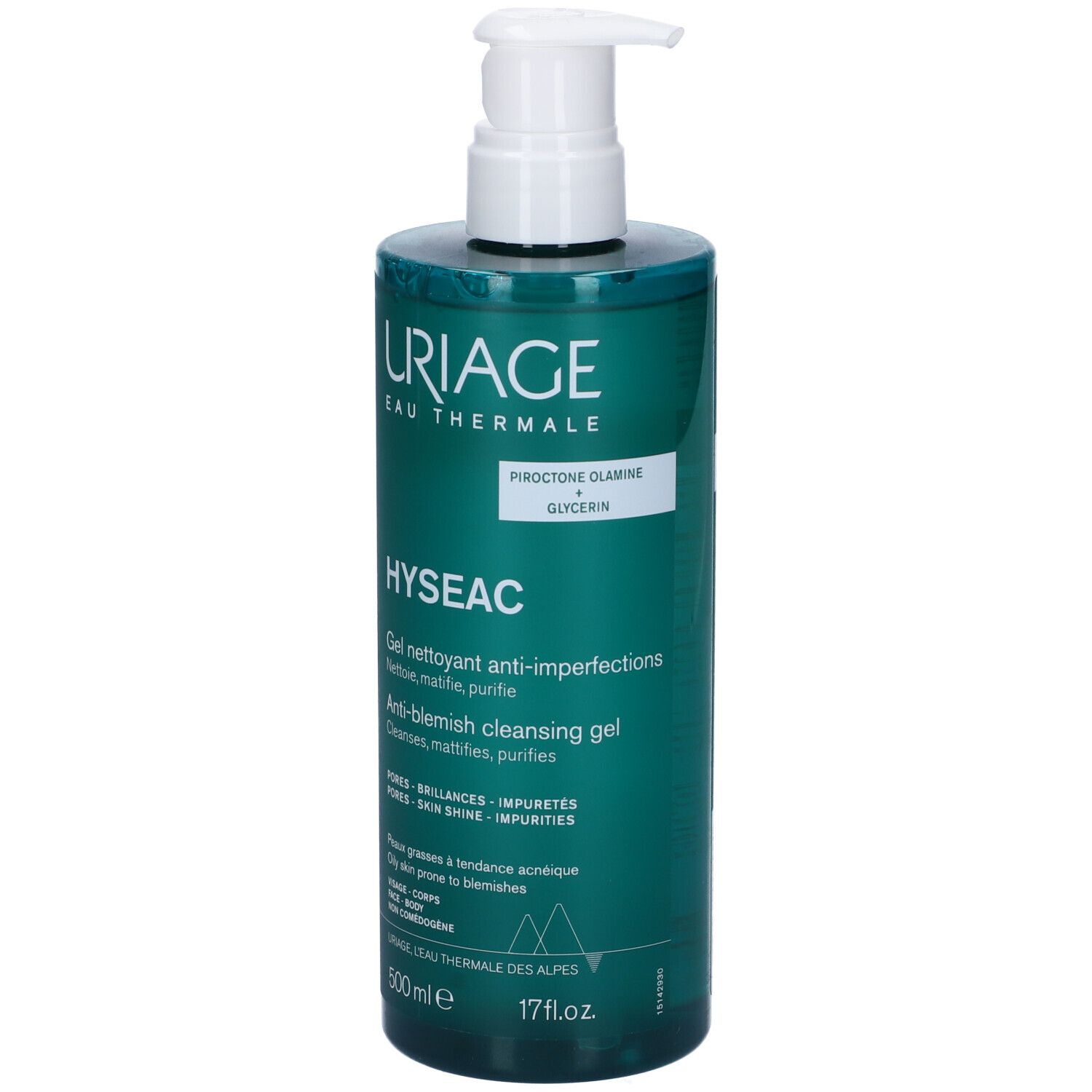 Uriage Hyseac Gel. Flacone verde con dosatore. Testo: Hyséac, Gel nettoyant anti-imperfections. 500ml.