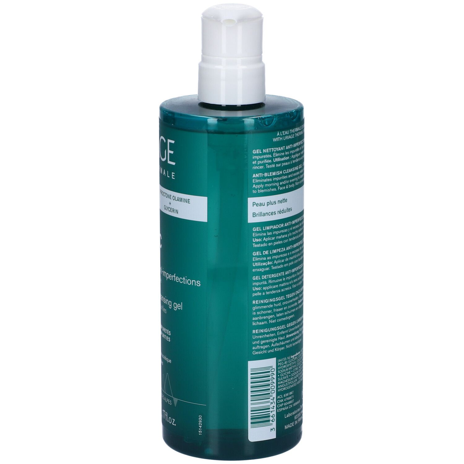 Retro del flacone Uriage Hyseac Gel. Testo multilingue.