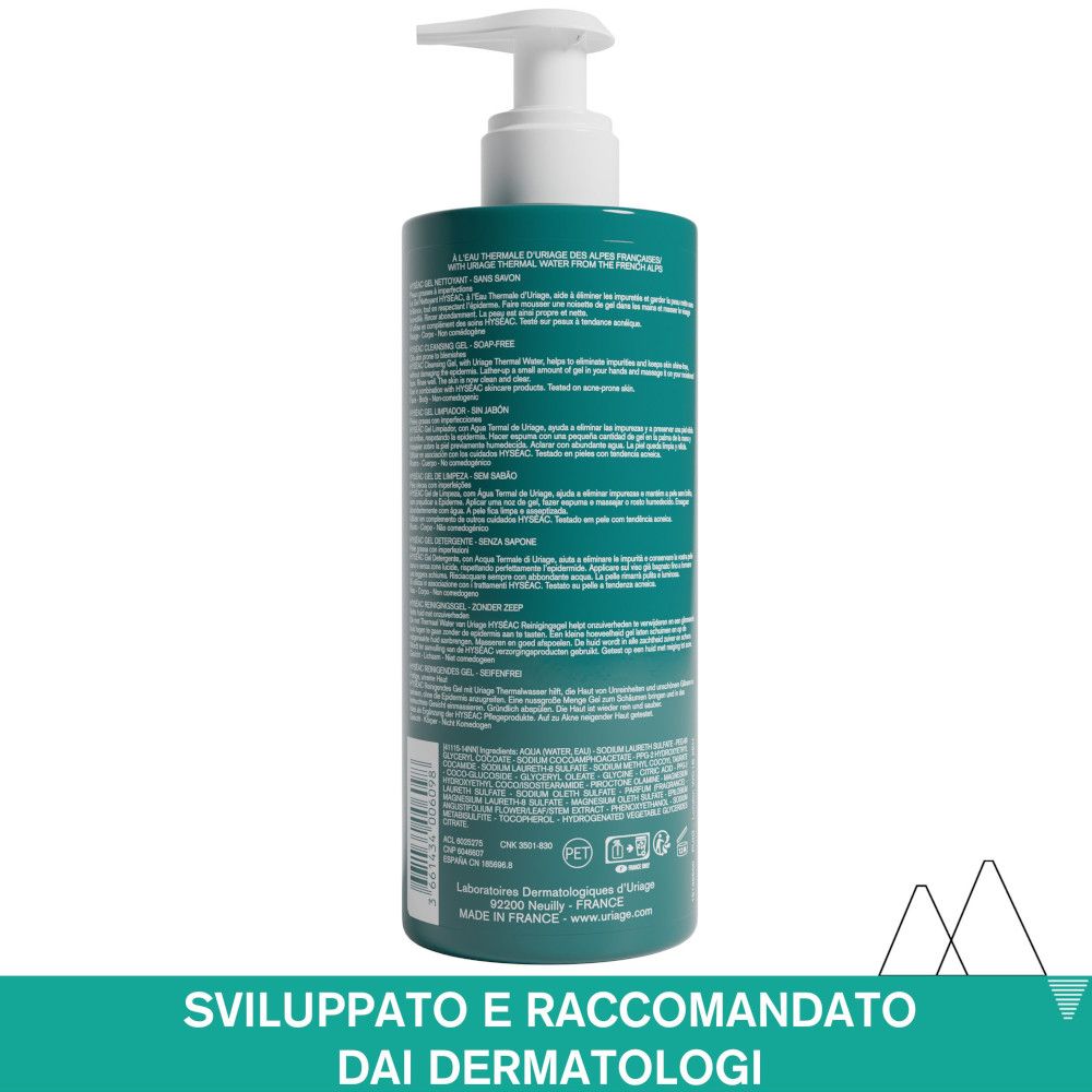 Retro del flacone Uriage Hyseac Gel. Testo multilingue. Sviluppato e raccomandato dai dermatologi.