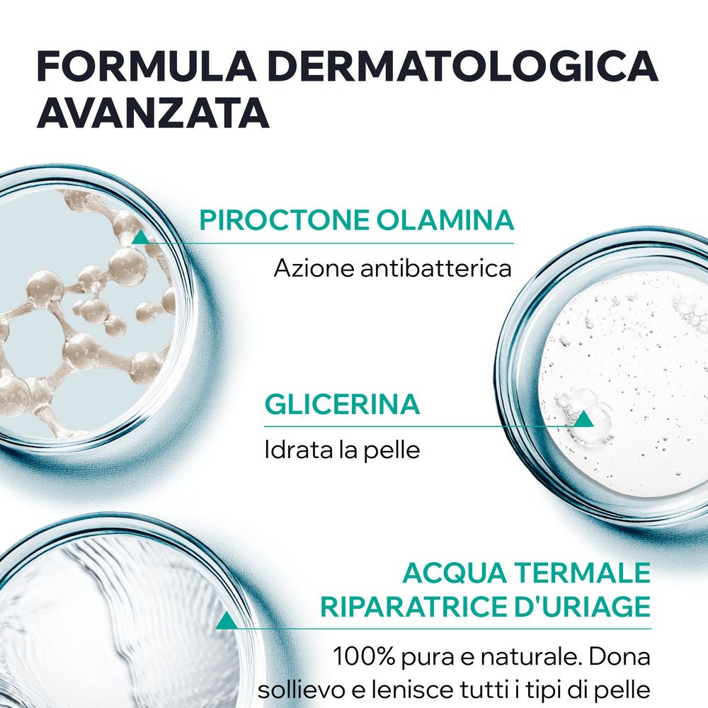 Grafik mit "Fortgeschrittene Formel" und drei Kreisen, die Inhaltsstoffe zeigen: Pirocton-Olamin, Glycerin, Uriage Thermalwasser.