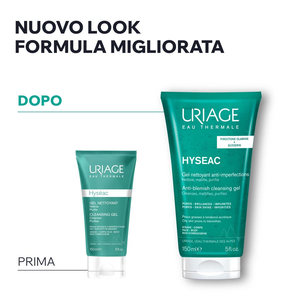 Zwei Uriage Hyseac Anti-Unreinheiten-Reinigungsgel-Flaschen in 150ml und 50ml.