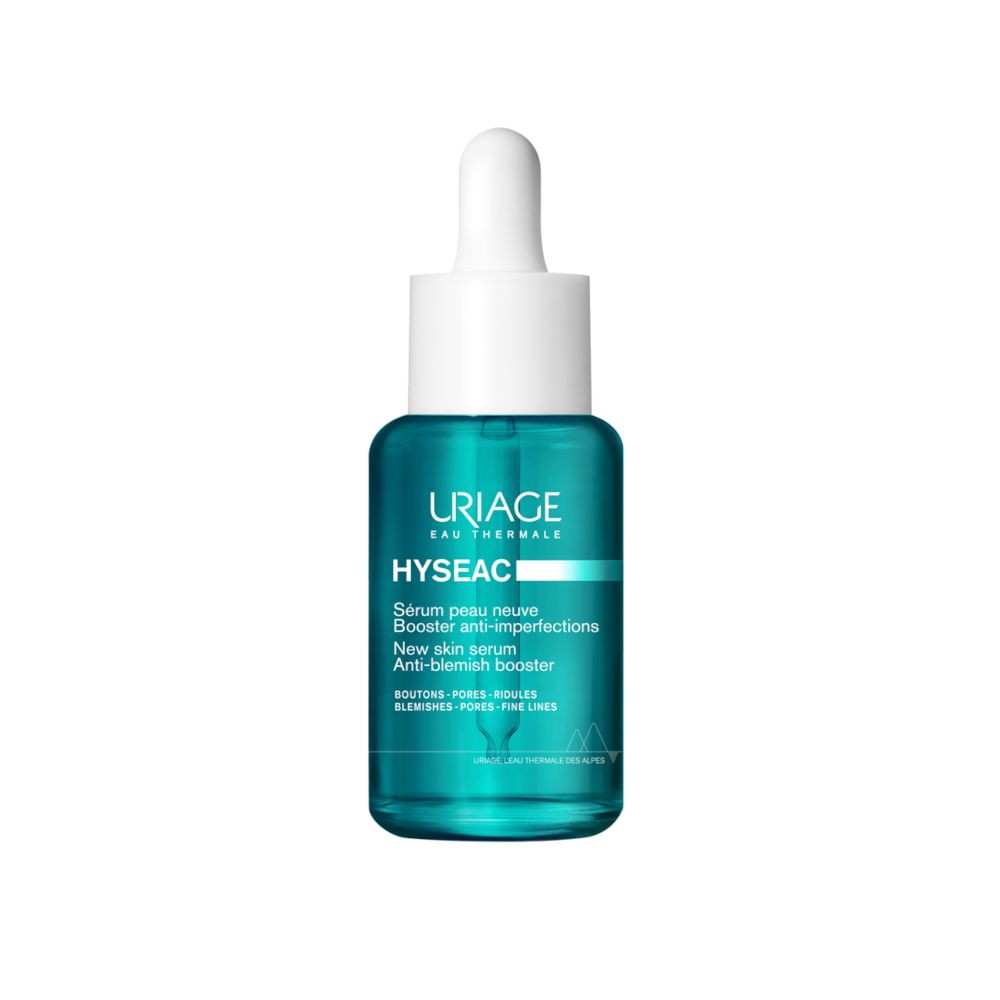 Flacone verde con tappo bianco e pipetta. Testo: Uriage, Hyseac, Siero peau neuve, Booster anti-imperfections.