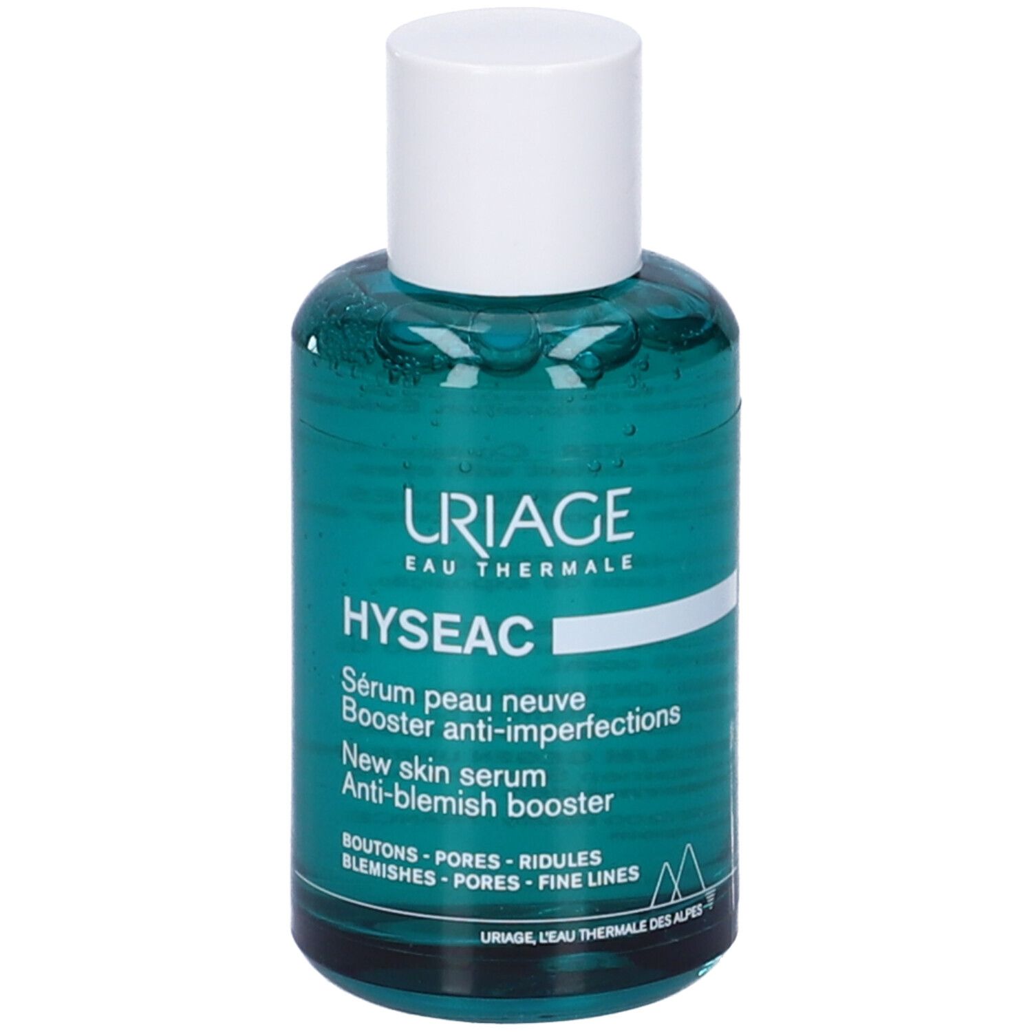 Flacone verde con tappo bianco. Testo: Uriage, Hyseac, Siero peau neuve, Booster anti-imperfections.