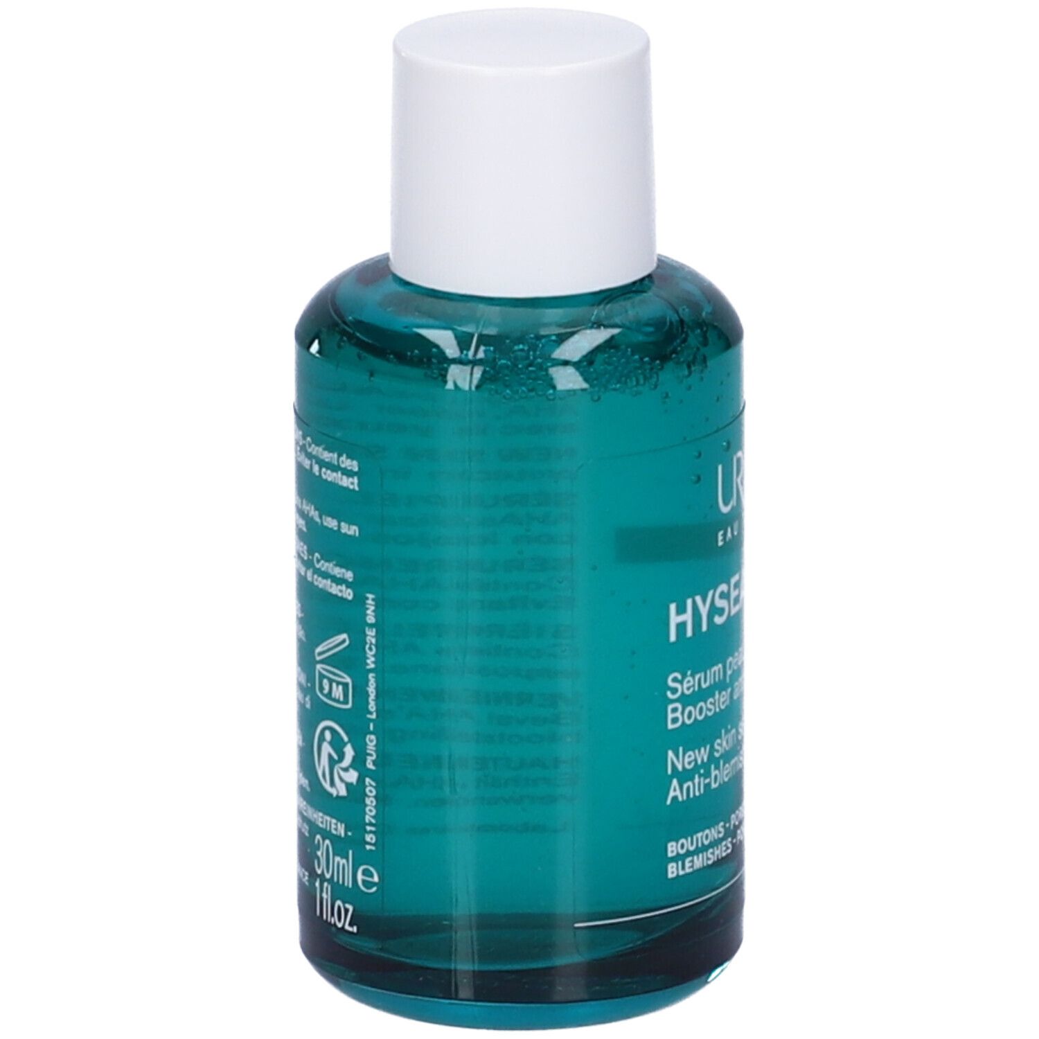 Flacone verde con tappo bianco. Testo sul retro. 30ml, 1fl.oz.