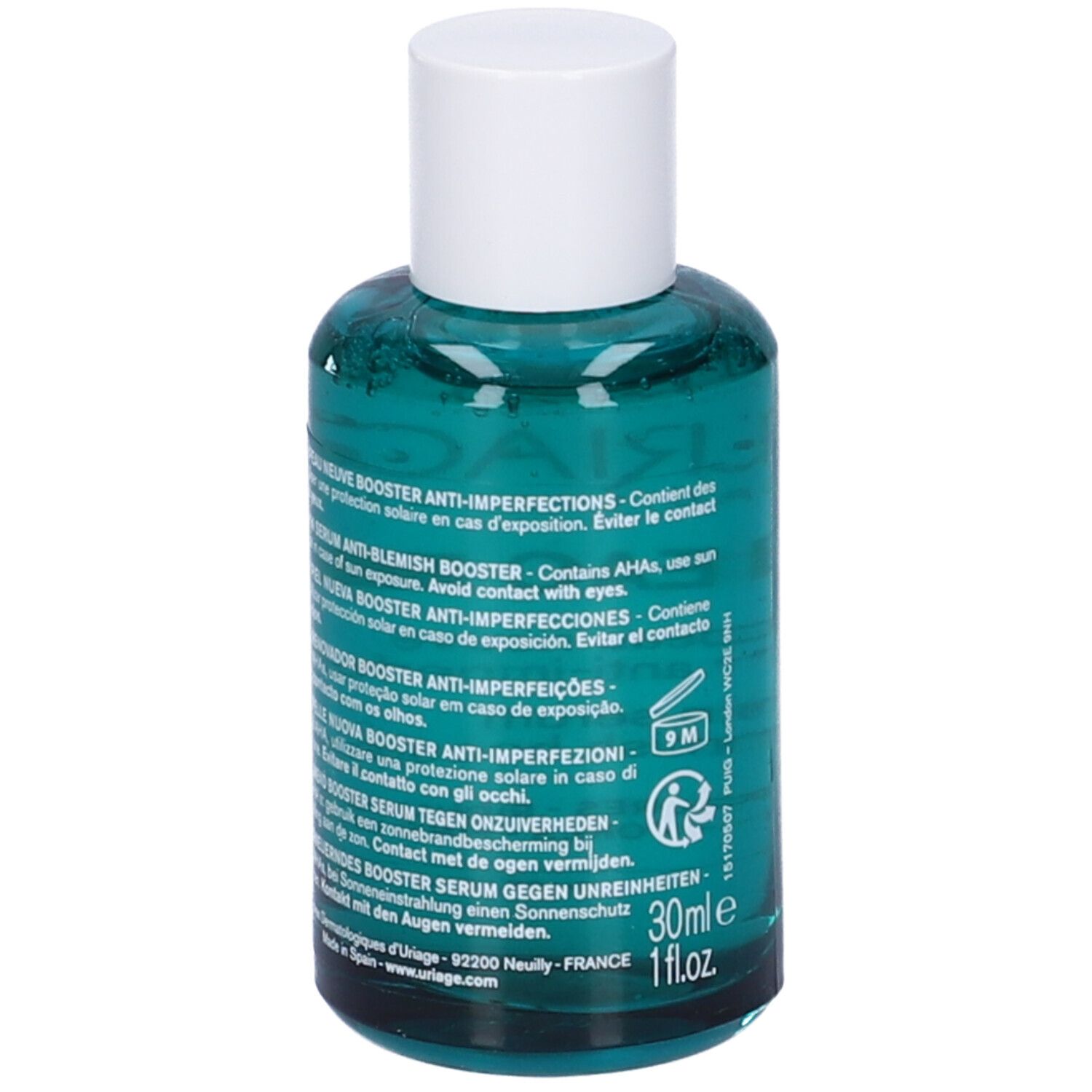 Flacone verde con tappo bianco. Testo sul retro. 30ml, 1fl.oz. Contiene AHA, protezione solare.