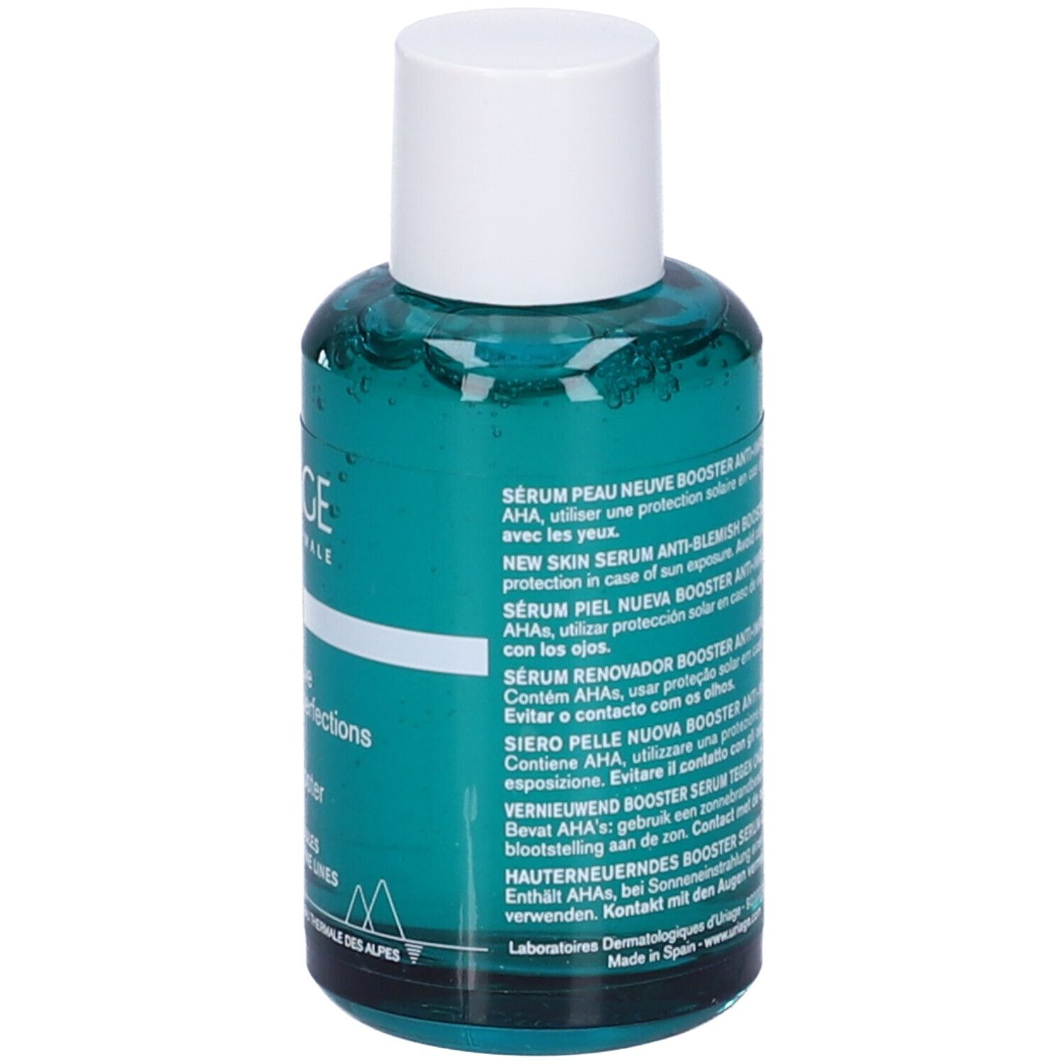 Flacone verde con tappo bianco. Testo sul retro. 30ml, 1fl.oz. Contiene AHA, protezione solare.
