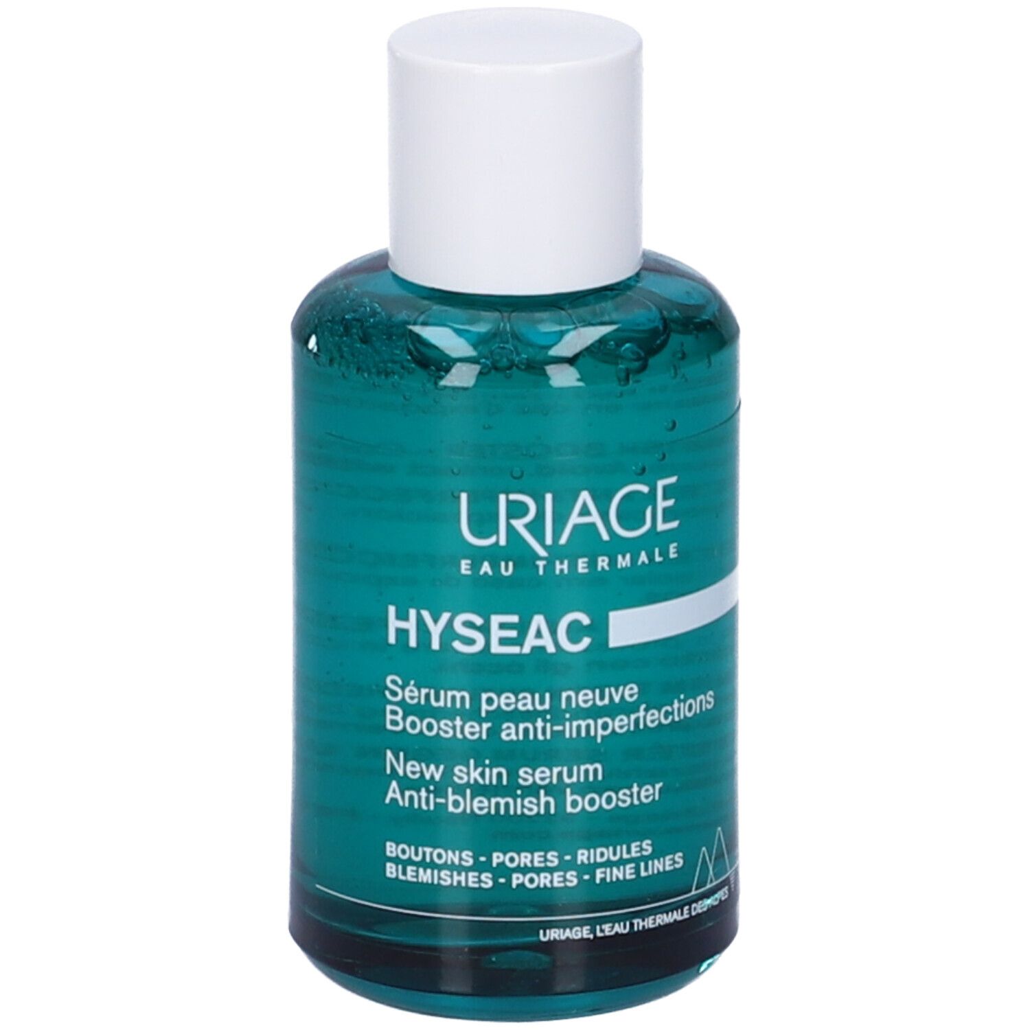 Flacone verde con tappo bianco. Testo: Uriage, Hyseac, Siero peau neuve, Booster anti-imperfections.