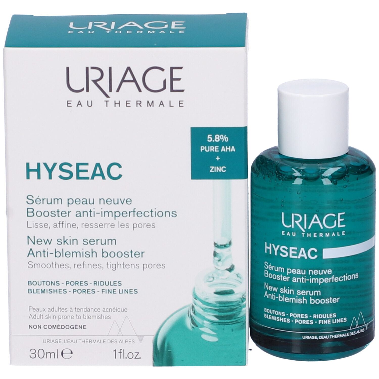Confezione e flacone. Testo: Uriage, Hyseac, Siero peau neuve, Booster anti-imperfections.