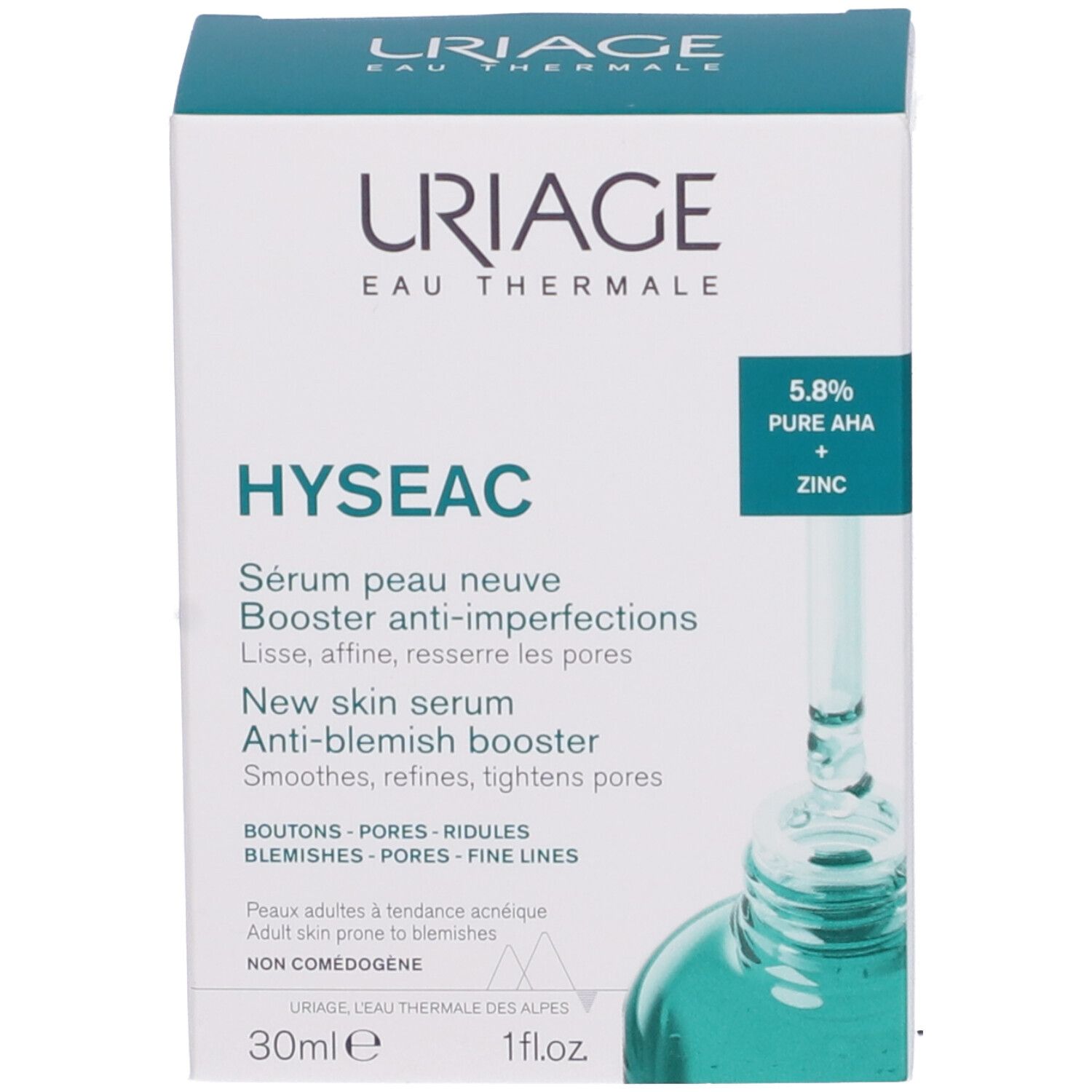 Confezione del prodotto. Testo: Uriage, Hyseac, Siero peau neuve, Booster anti-imperfections. 30ml, 1fl.oz.