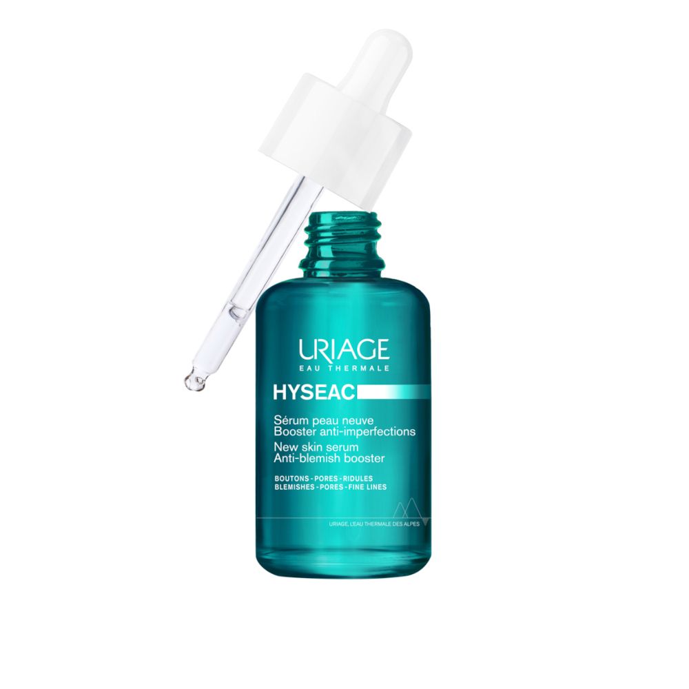 Flacone verde con pipetta. Pipetta che esce dal flacone. Testo: Uriage, Hyseac, Siero peau neuve.
