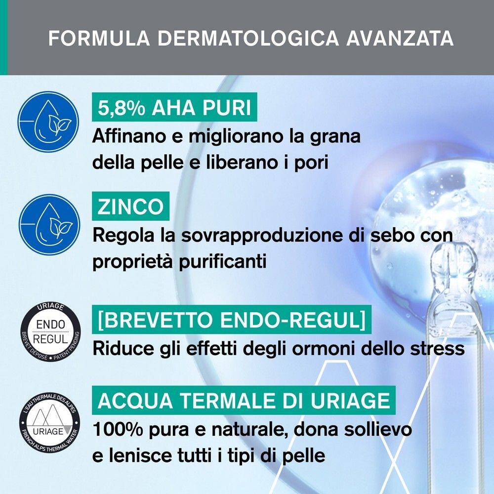 Infografica con testo e icone. 5,8% AHA PURI, ZINC, [BREVETTO ENDO-REGUL], ACQUA TERMALE DI URIAGE.