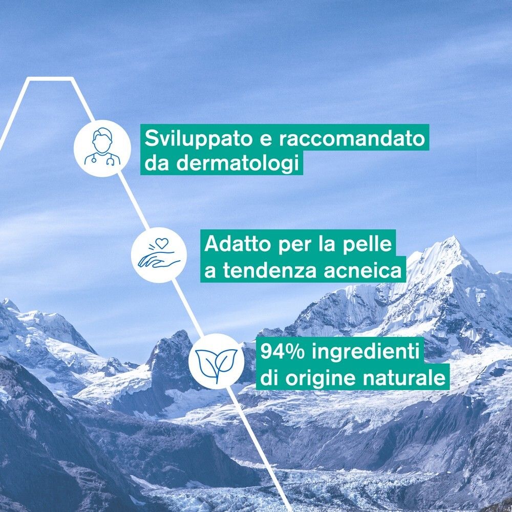 Infografica con testo e icone. Sviluppato e raccomandato da dermatologi, per pelli a tendenza acneica.
