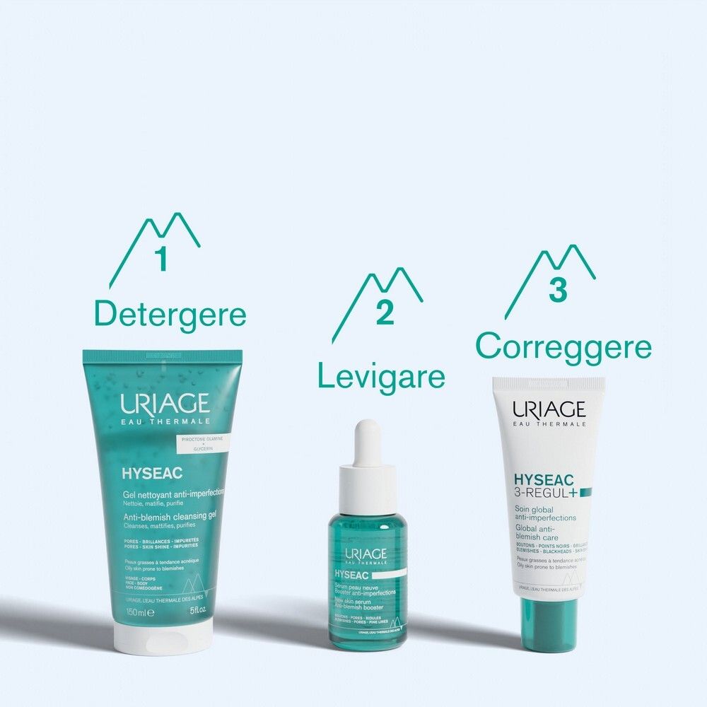 Tre prodotti affiancati. Testo: Uriage, Hyseac, Gel nettoyant, Siero, 3-REGUL+.