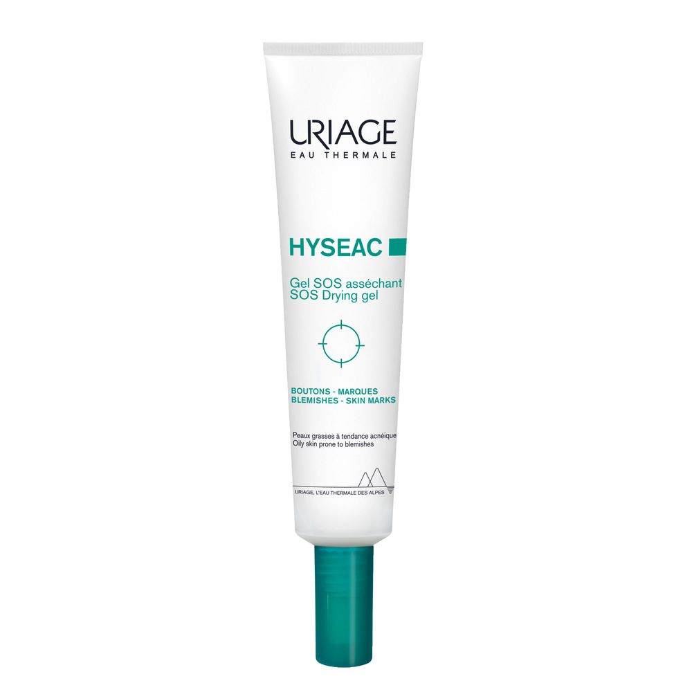 Uriage Hyseac Gel SOS. Tubo con tappo verde. Testo: SOS Drying Gel, per pelli impure.