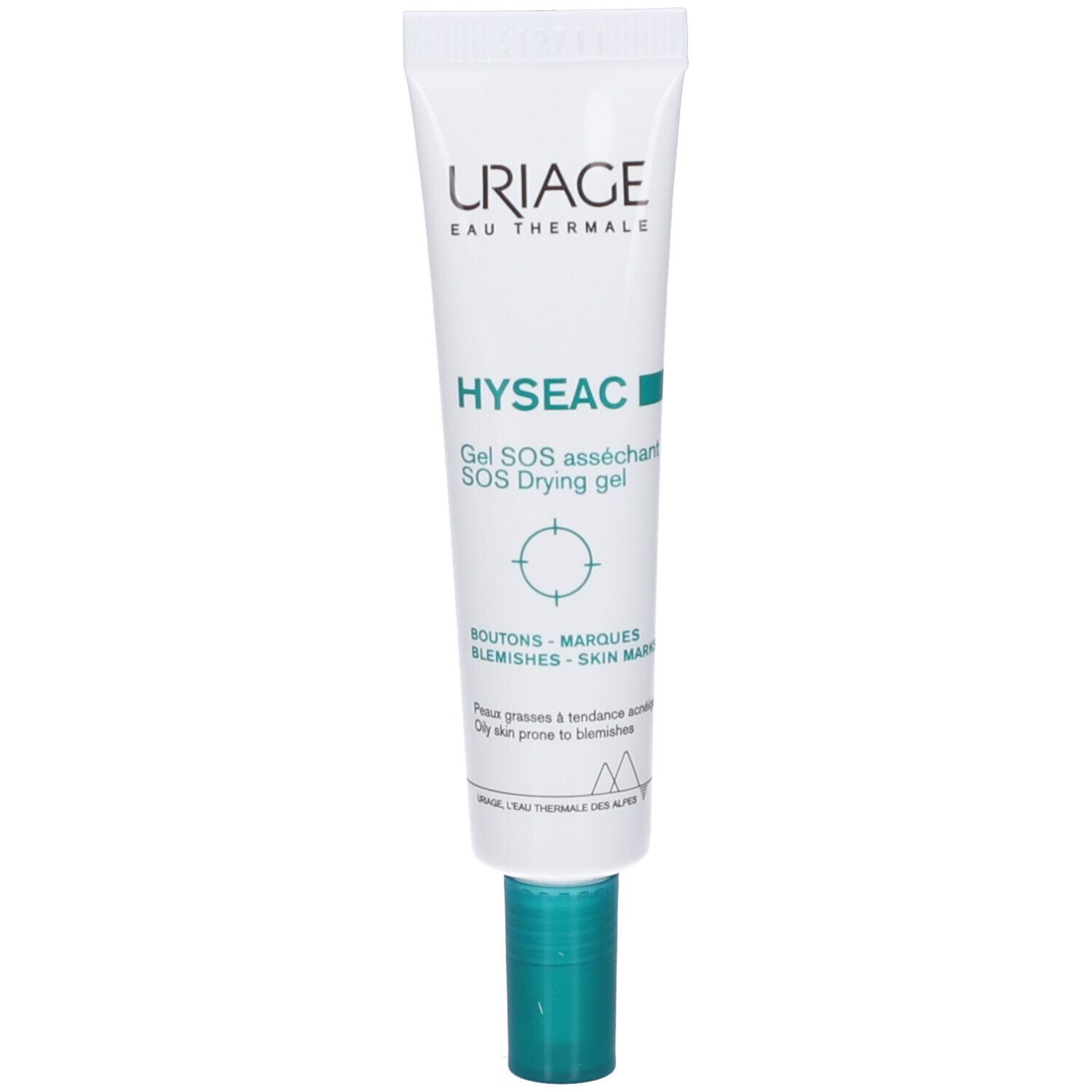 Uriage Hyseac Gel SOS. Tubo con tappo verde. Testo: SOS Drying Gel, per pelli impure.
