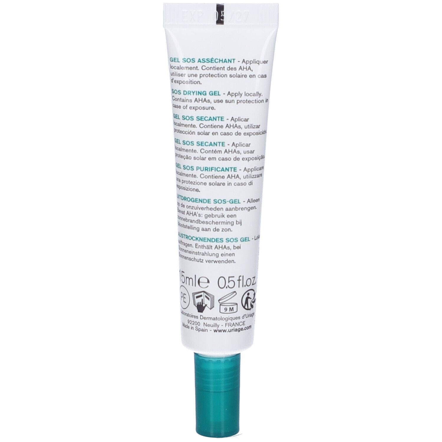 Retro del tubo Uriage Hyseac Gel SOS. Testo multilingue. 15ml. Tappo verde.