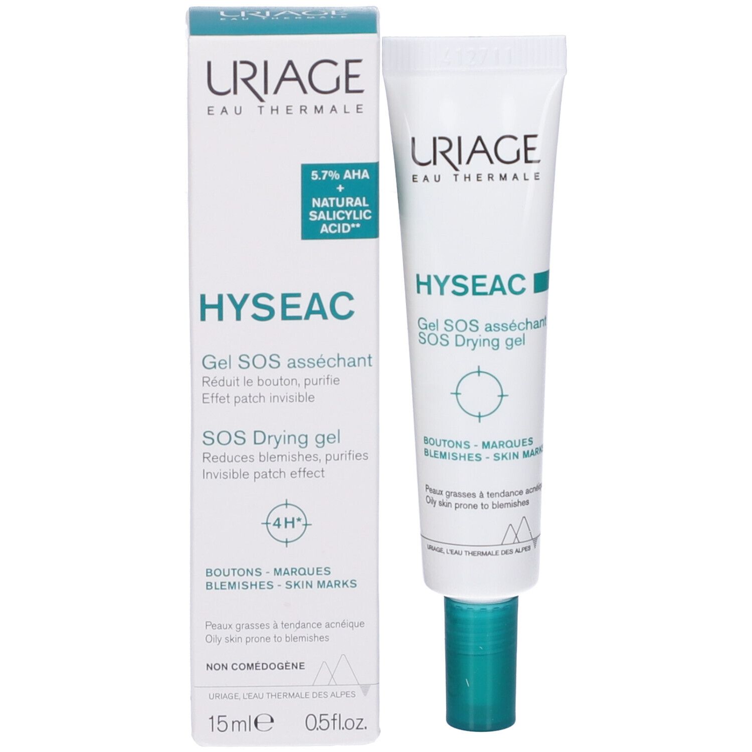 Uriage Hyseac Gel SOS e confezione. Testo: 5,7% AHA + Acido salicilico. Riduce le imperfezioni.