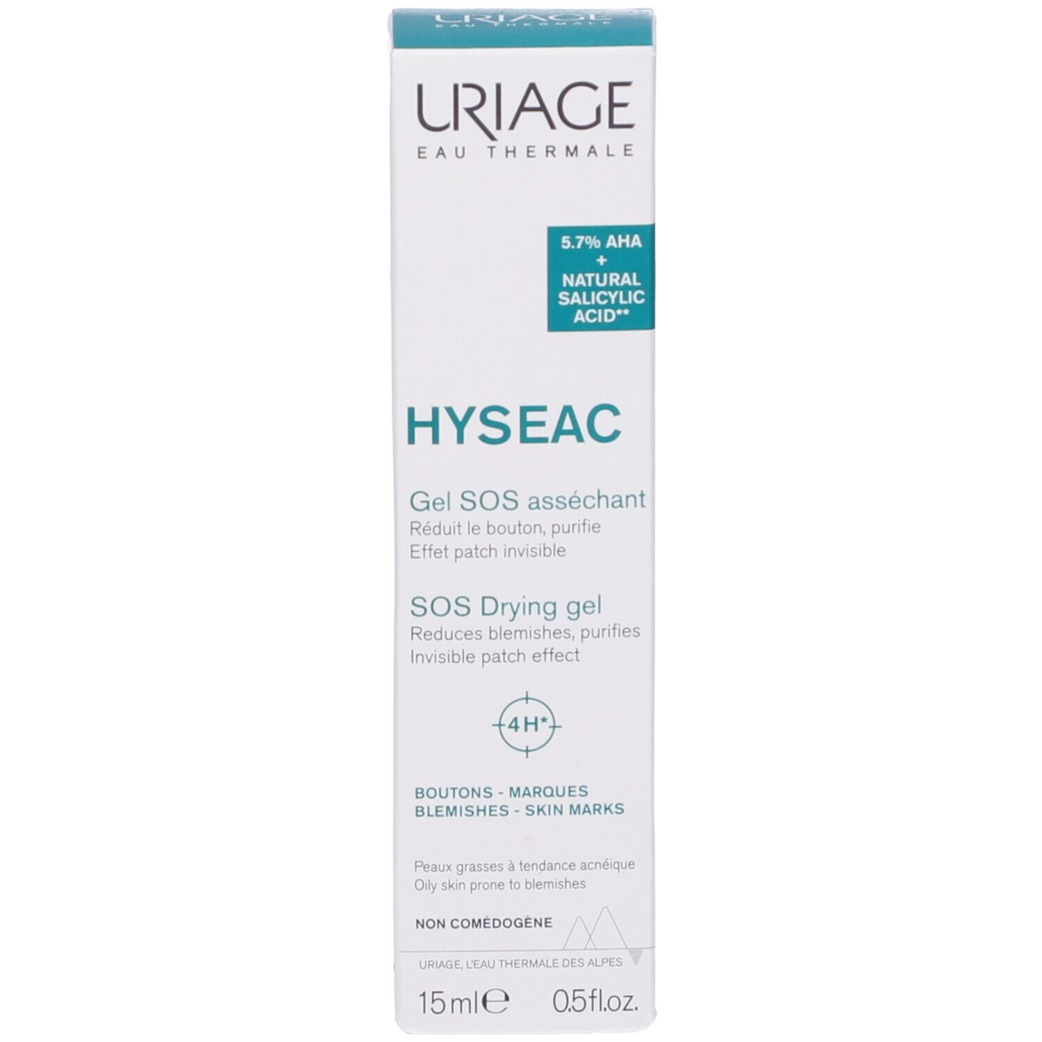 Uriage Hyseac Gel SOS e confezione. Testo: 5,7% AHA + Acido salicilico. Riduce le imperfezioni.