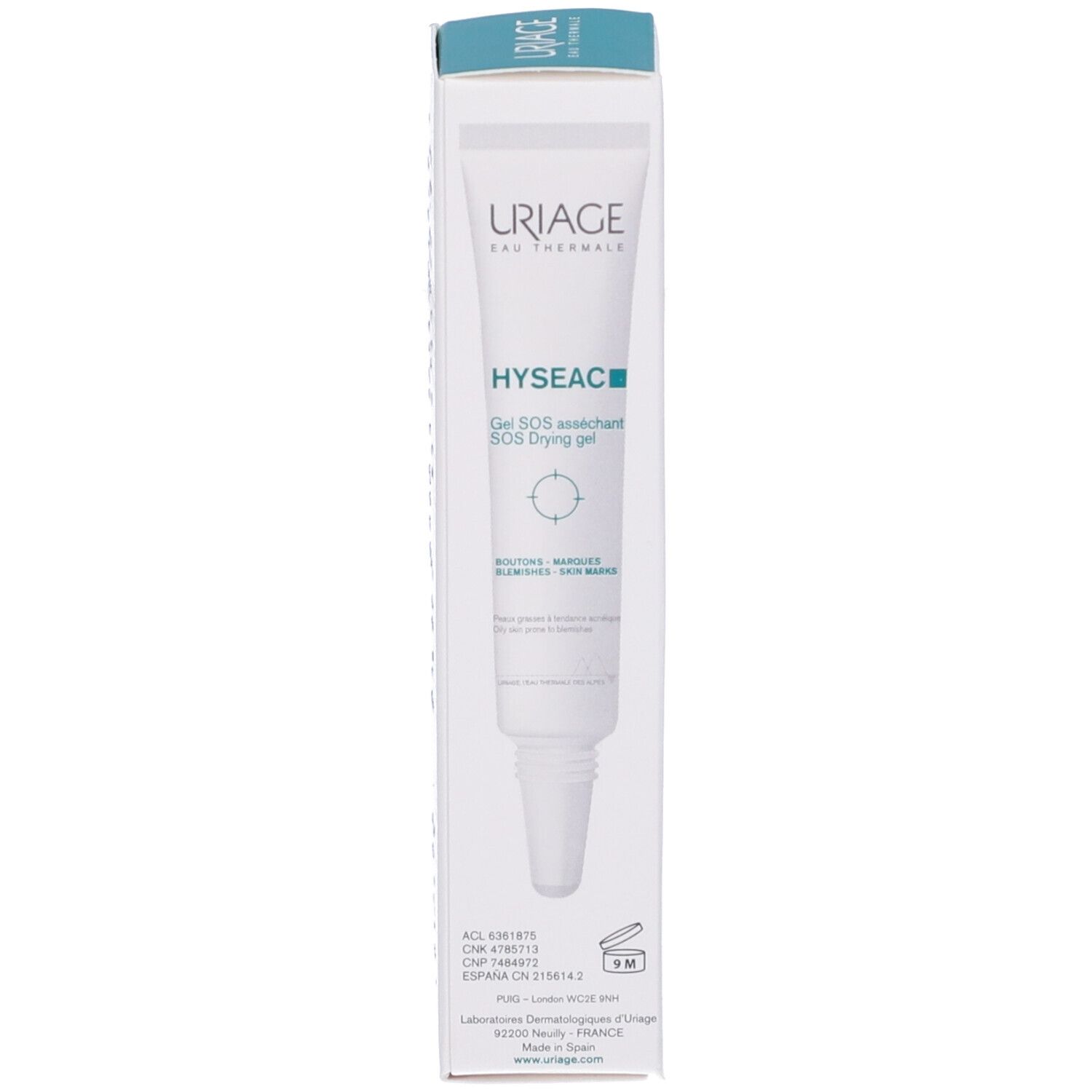 Uriage Hyseac Gel SOS nella confezione. Testo: SOS Drying Gel, per pelli impure.