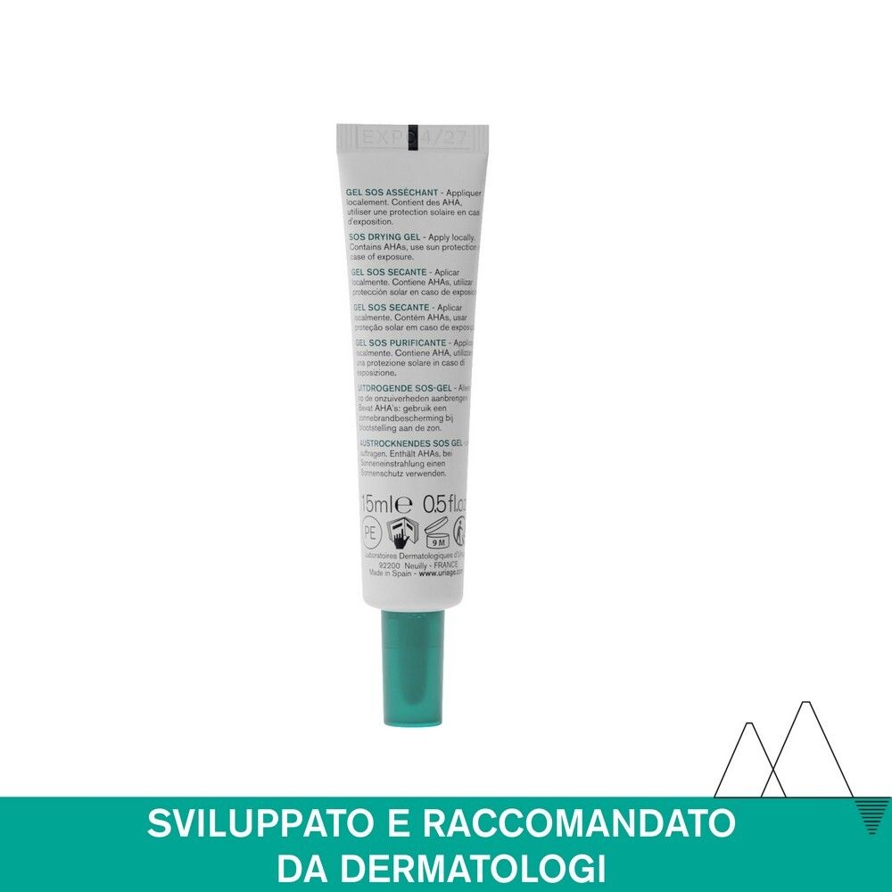 Retro del tubo Uriage Hyseac Gel SOS. Testo multilingue. 15ml. Tappo verde.