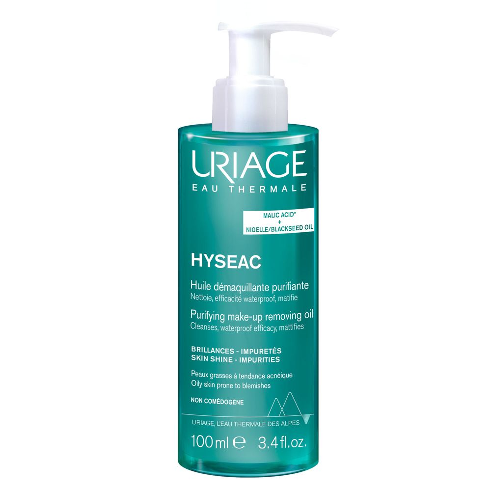 Uriage Hyseac olio struccante. Flacone con dosatore, verde e bianco. Testo sull'etichetta.