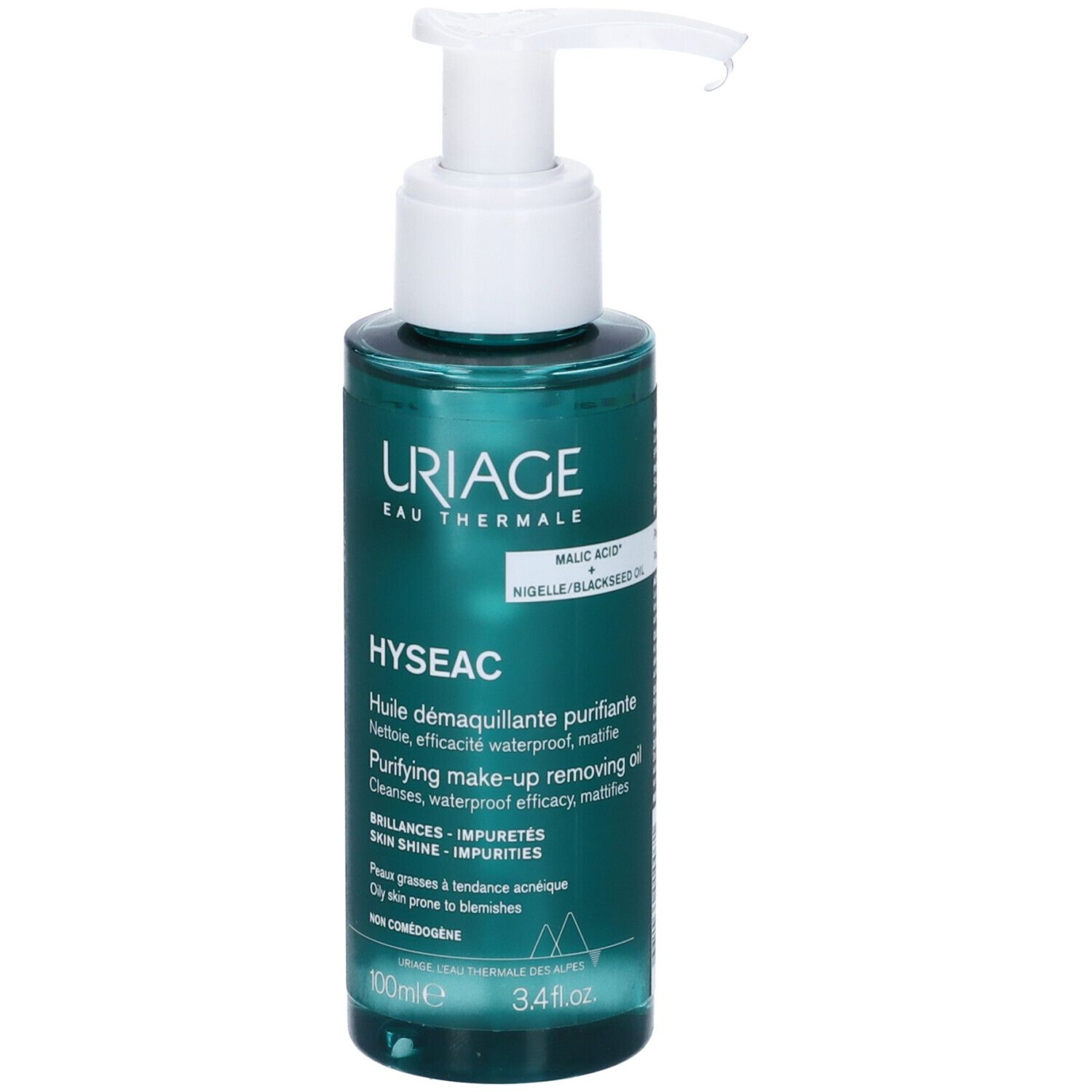 Uriage Hyseac olio struccante. Flacone con dosatore, verde e bianco. Etichetta con testo.