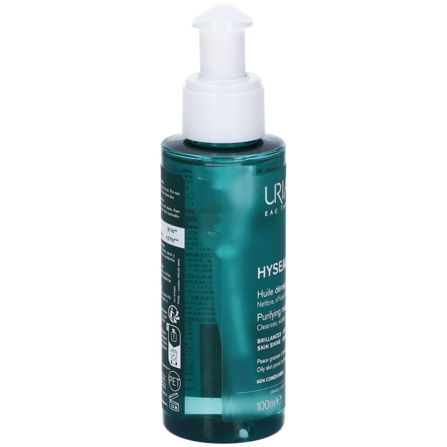 Uriage Hyseac olio struccante. Flacone con dosatore, verde e bianco. Etichetta con testo.
